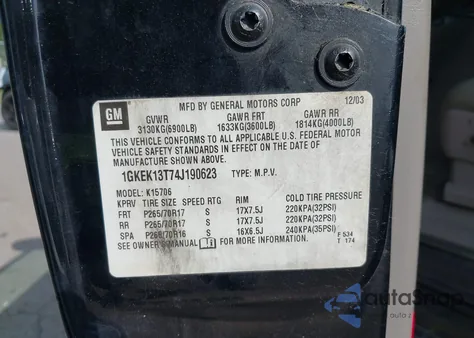 2004 GMC Yukon Slt из США, поврежденный, VIN 1GKEK13T74J190623